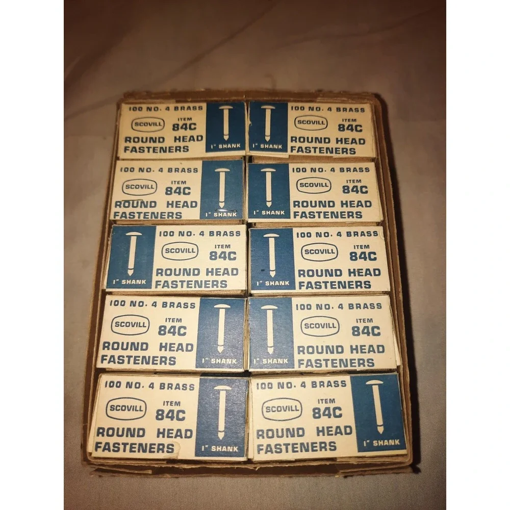 10x Boxes VINTAGE SCOVILL BRASS ROUND HEAD FASTENERS No. 4 T-Pins 1